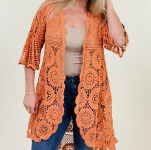 Women's OS Plus size Crochet kimono/cardigan in Rust